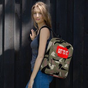 F.R.E.E camo and red get to it patch backpack