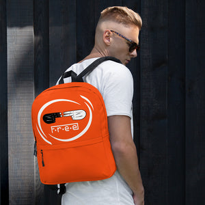 F.R.E.E white circle and orange backpack