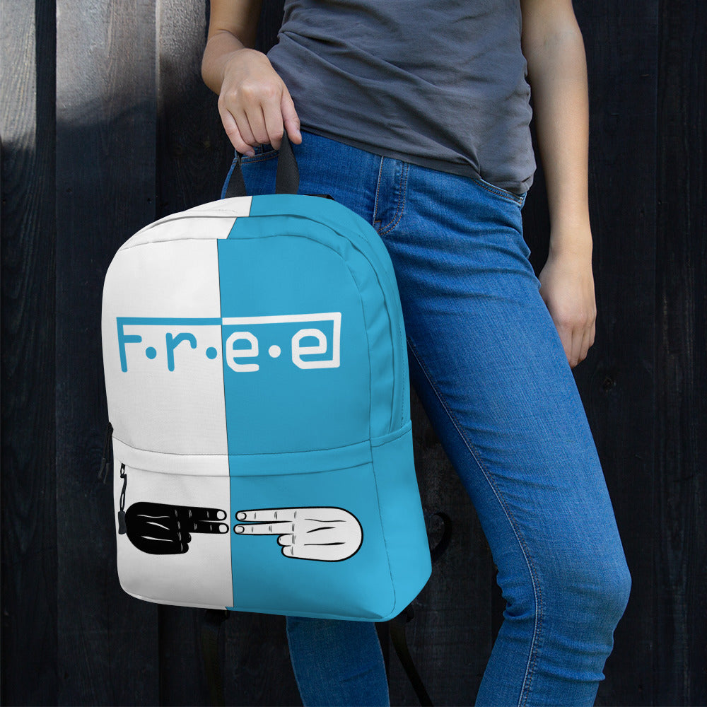 F.R.E.E white and light blue backpack