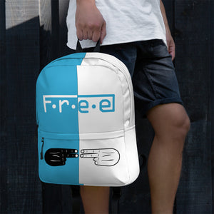 F.R.E.E light blue and white backpack