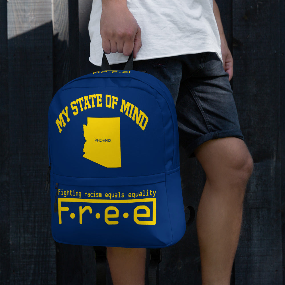 Free my state of mind blue and yellow Phoenix backpack
