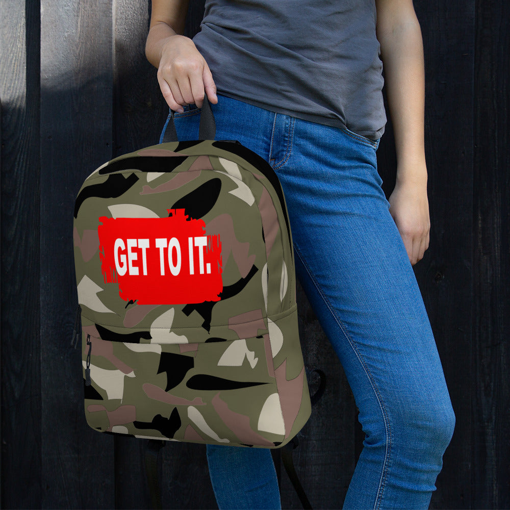 F.R.E.E camo and red get to it patch backpack