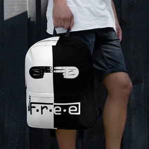 F.R.E.E white and black hand backpack