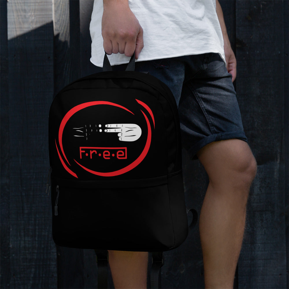 F.R.E.E red circle and black backpack