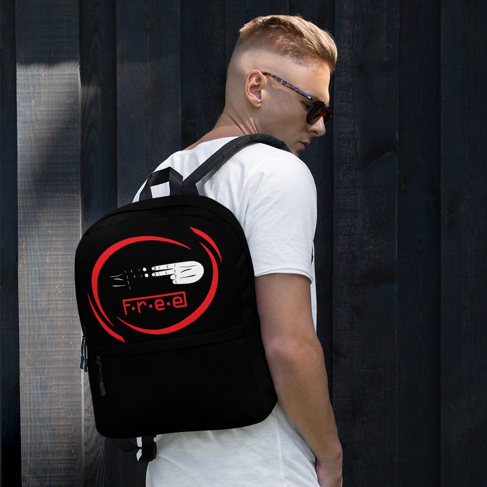 F.R.E.E red circle and black backpack