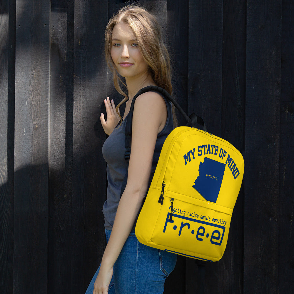 Free my state of mind yellow and blue Phoenix backpack