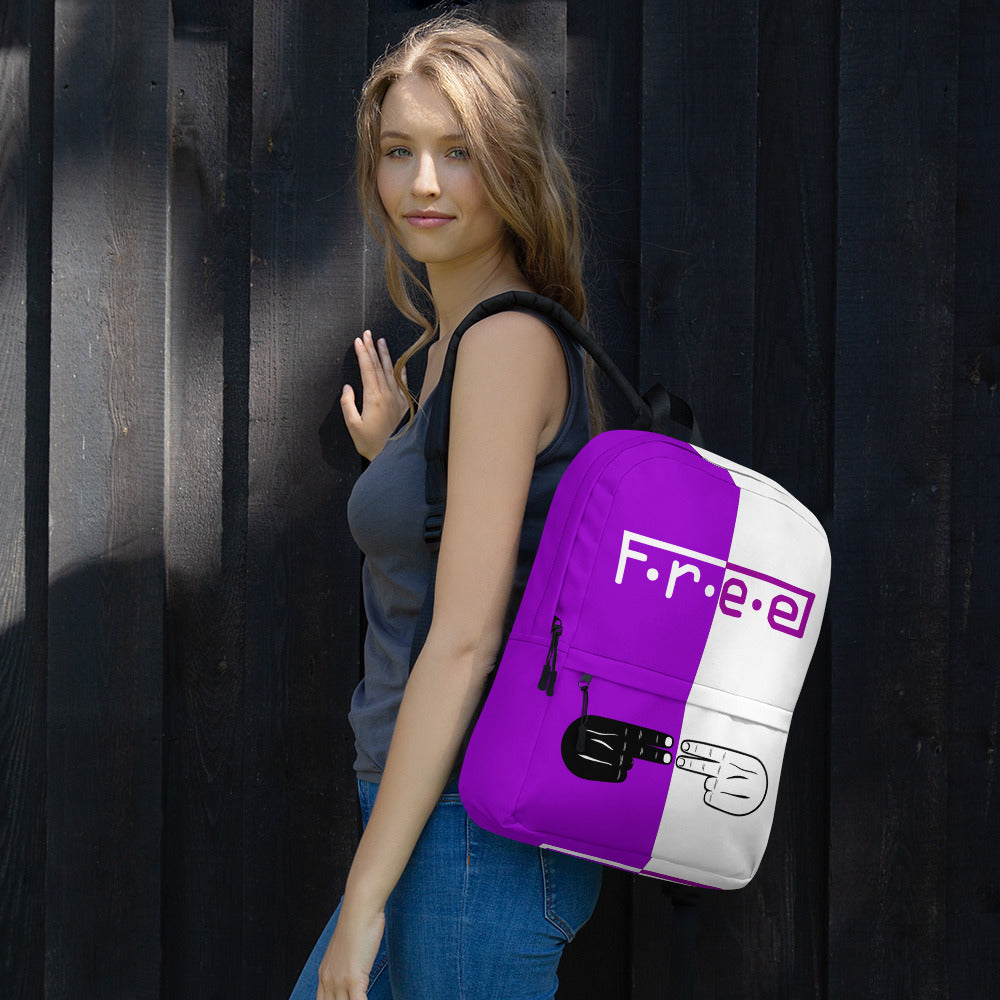 F.R.E.E purple and white backpack