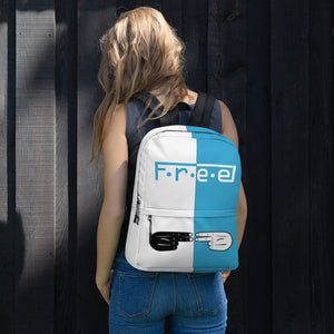F.R.E.E white and light blue backpack