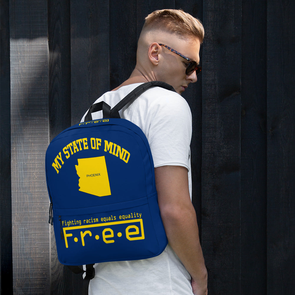Free my state of mind blue and yellow Phoenix backpack