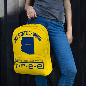 Free my state of mind yellow and blue Phoenix backpack