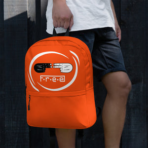 F.R.E.E white circle and orange backpack