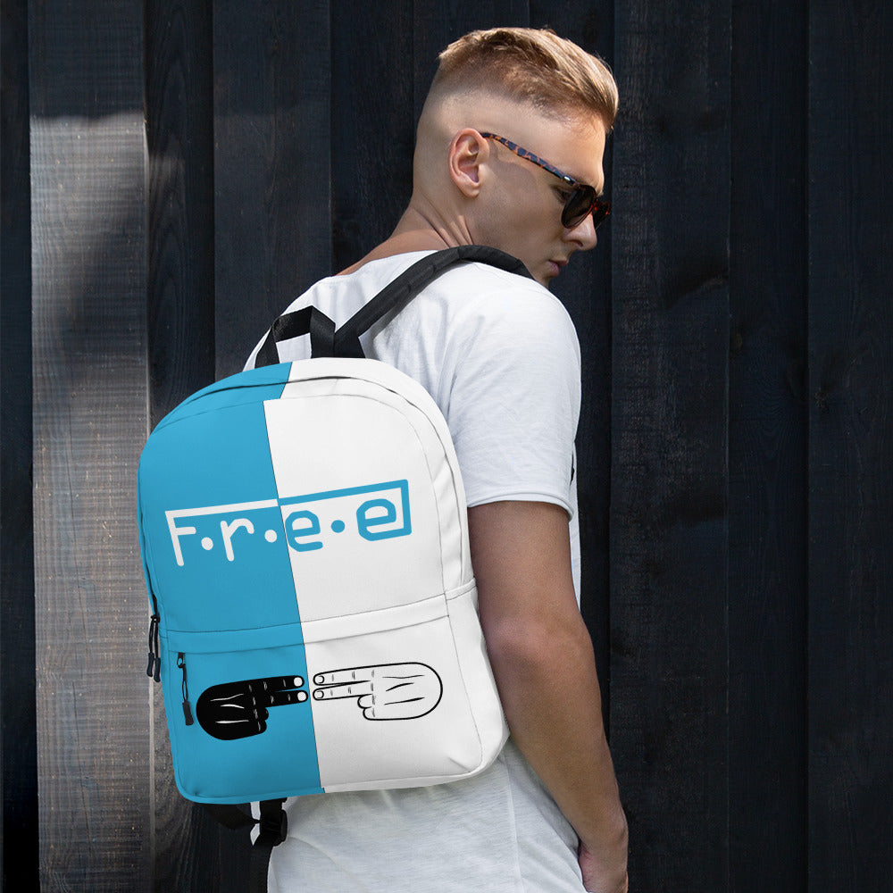 F.R.E.E light blue and white backpack
